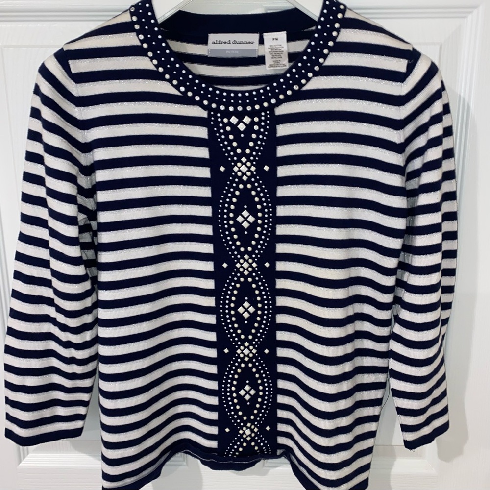 Alfred Dunner Navy and White Striped Top with Embellishments - Petite Medium